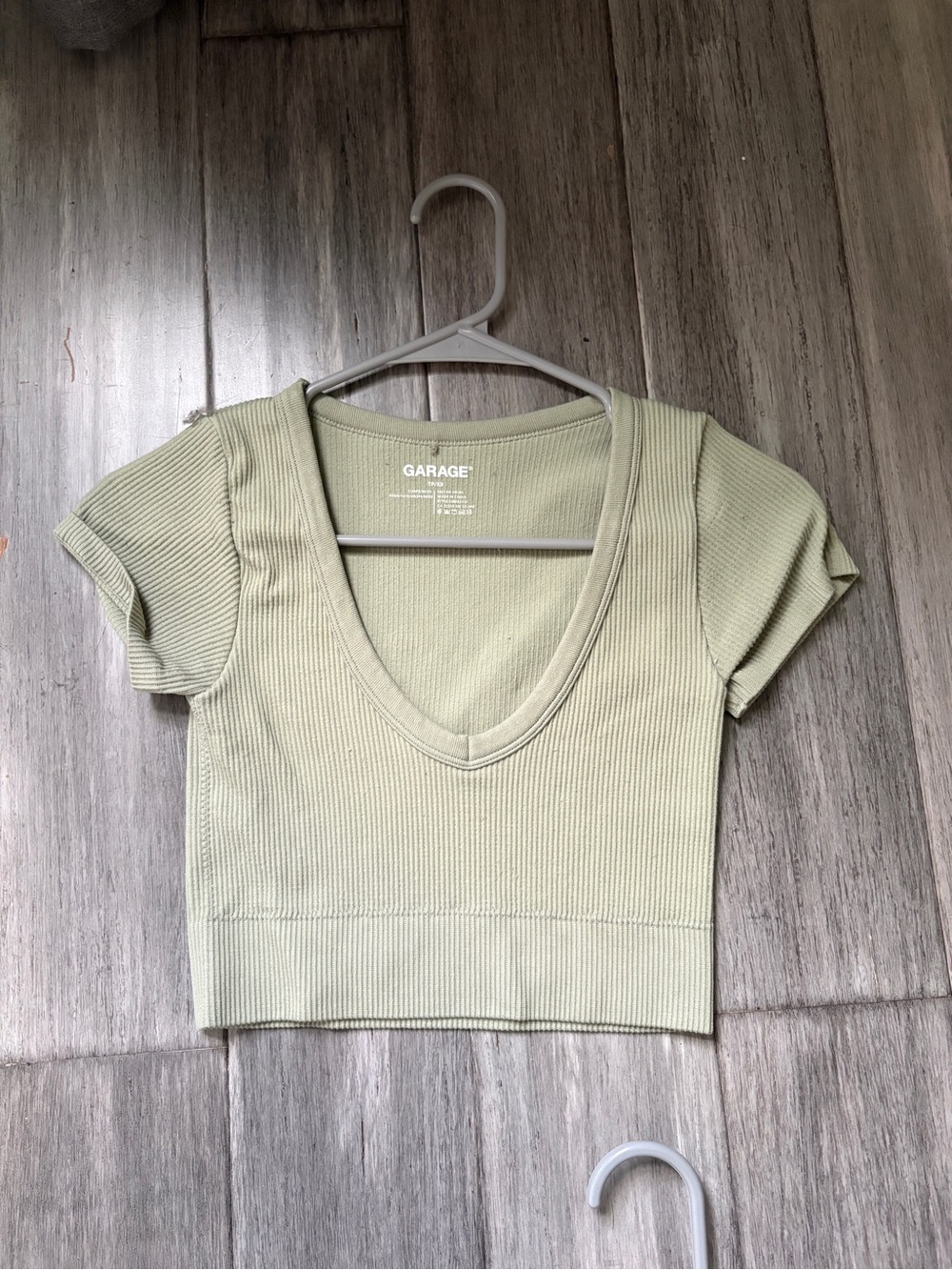 Garage Sage Green Ribbed V-Neck Crop Tee